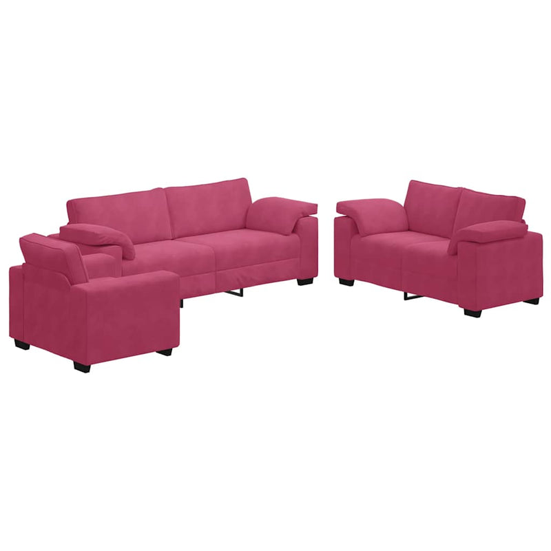 Set canapea cu perne, 3 piese, roșu vin, catifea
