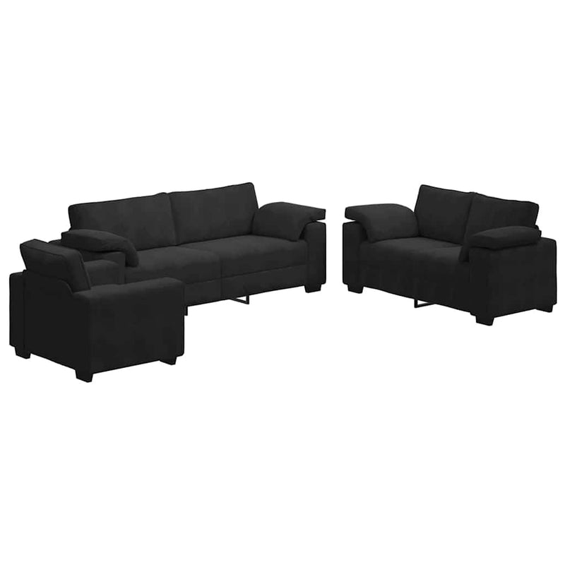 Set de canapele cu perne, 3 piese, negru, catifea