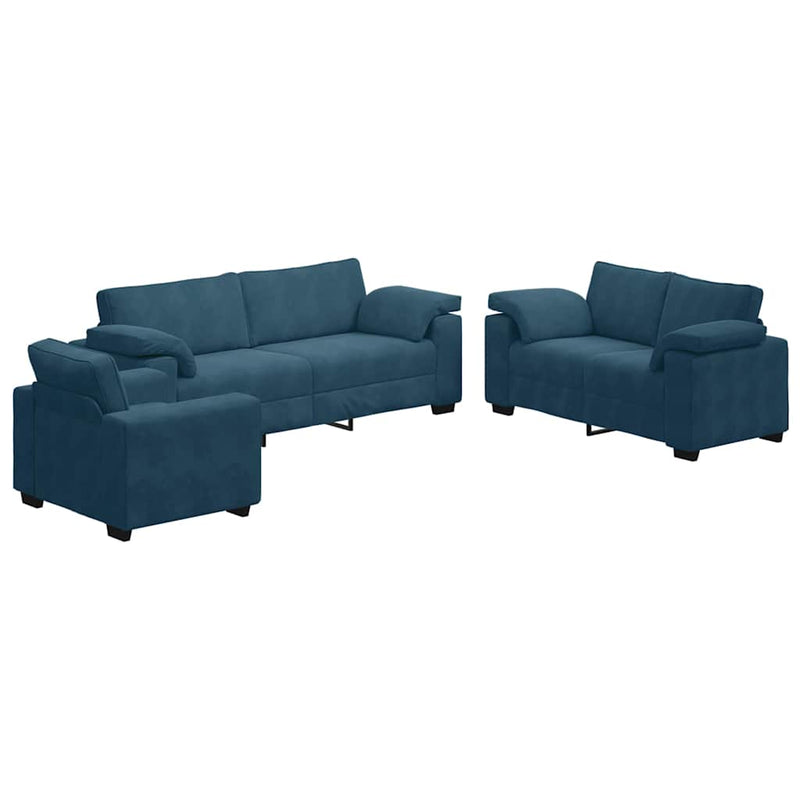 Set de canapele cu perne, 3 piese, albastru, catifea
