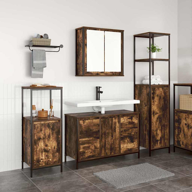 Set de mobilier pentru baie 3 buc. Stejar afumat și negru