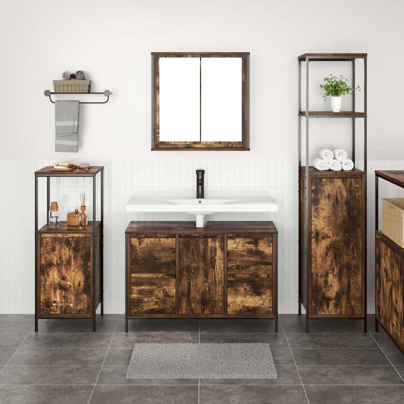 Set de mobilier pentru baie 3 buc. Stejar afumat și negru