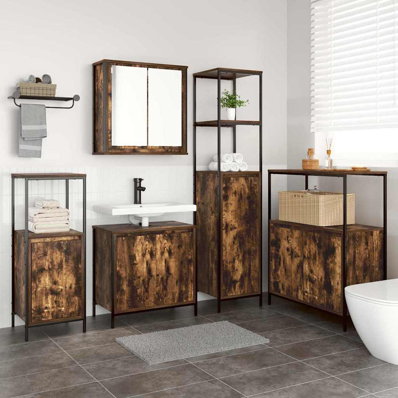 Set de mobilier pentru baie 5 buc. Stejar afumat și negru