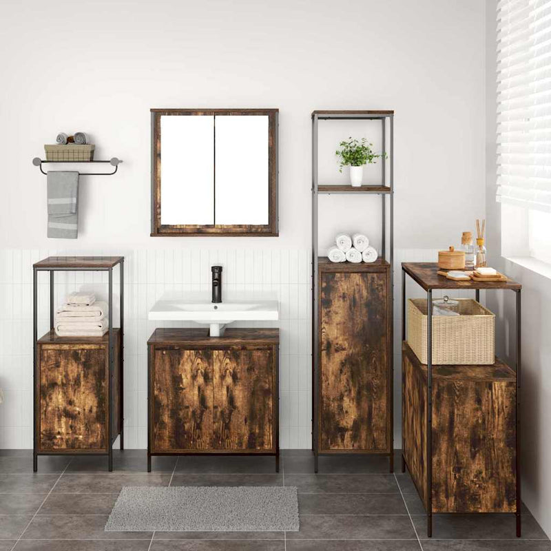 Set de mobilier pentru baie 5 buc. Stejar afumat și negru