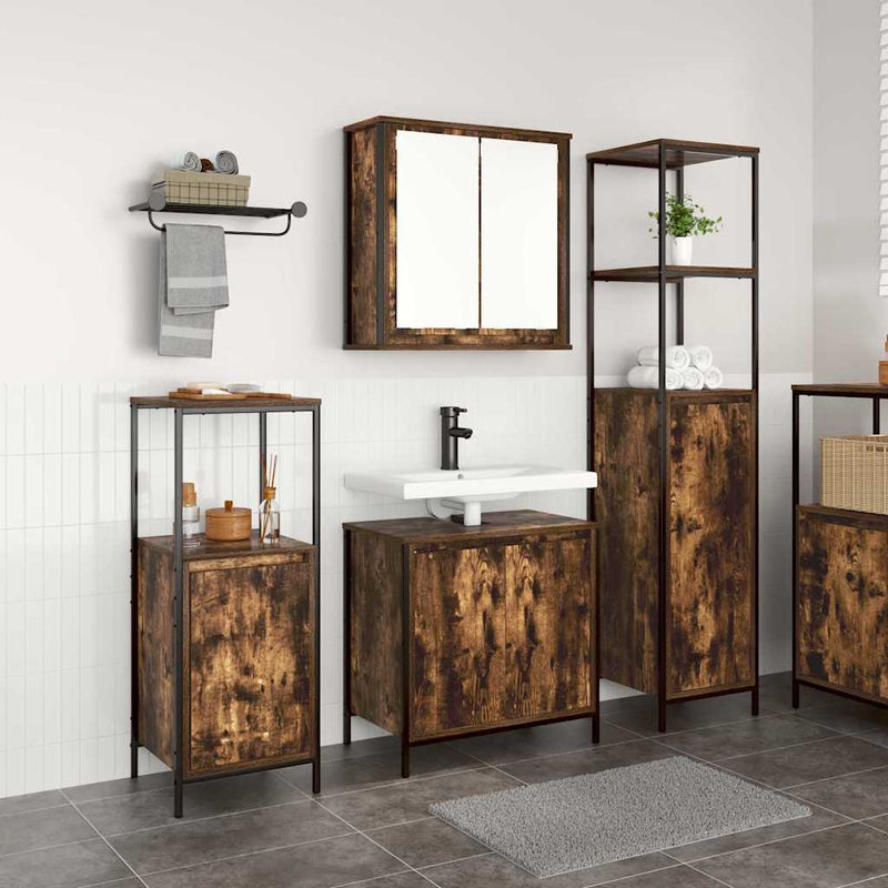 Set de mobilier pentru baie 3 buc. Stejar afumat și negru