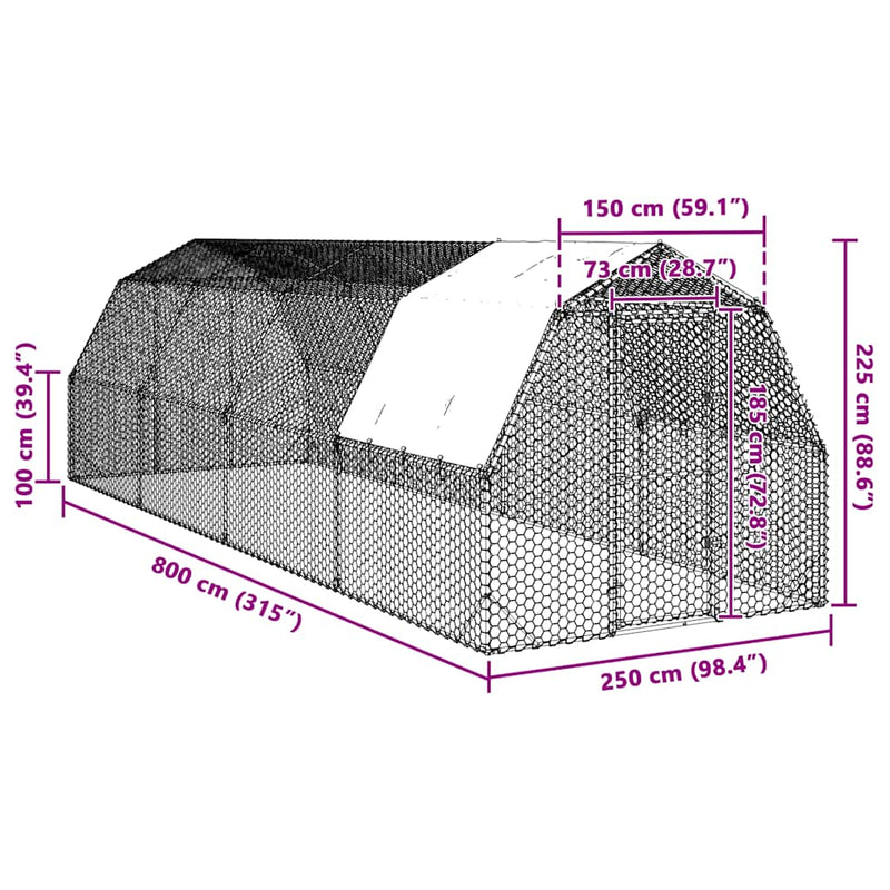 Pui de găină cu acoperiș 2,5x8x2,25 m oțel galvanizat
