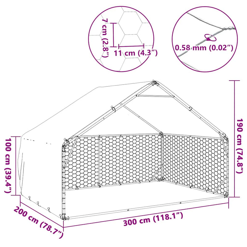 Cușcă pentru câini de exterior cu capac 3x2x1,9 m, oțel galvanizat
