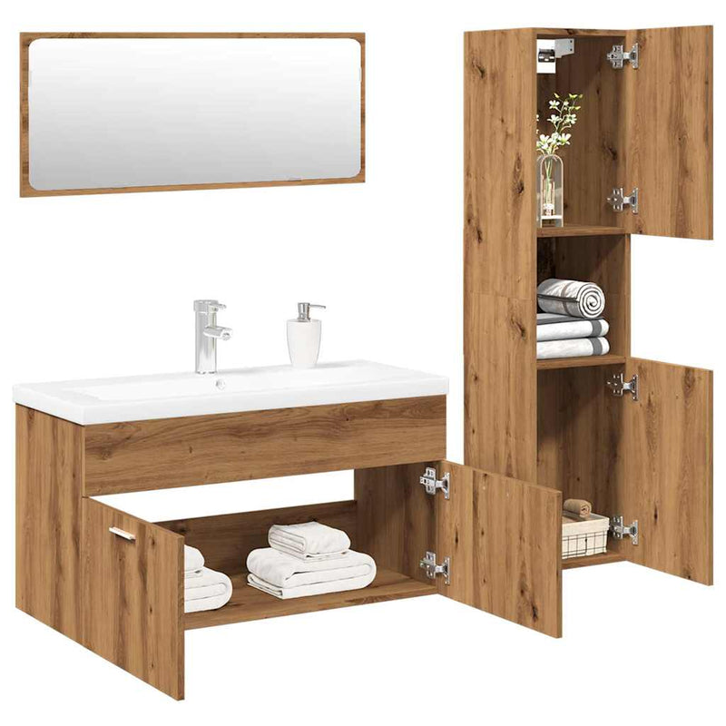 Set mobilier de baie, 4 piese, stejar artizanal, lemn prelucrat