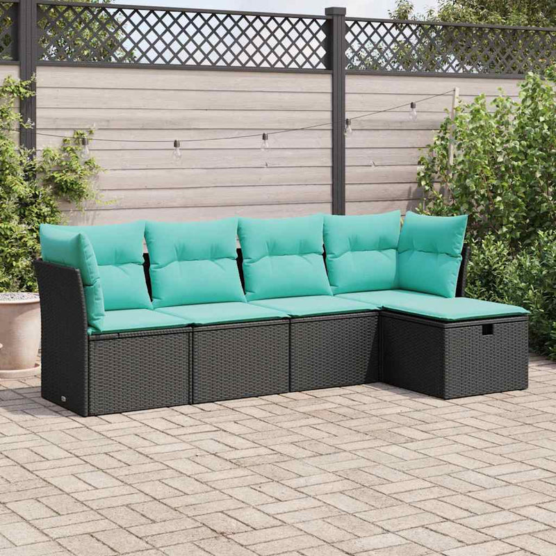 Set mobilier de grădină cu perne, 5 piese, negru, poliratan