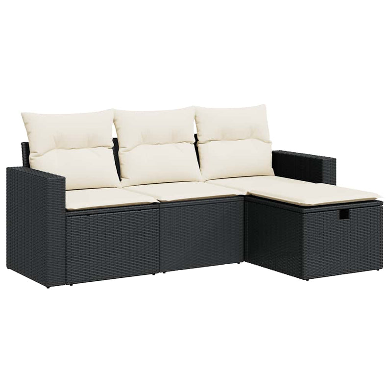 Set mobilier de grădină cu perne, 4 piese, negru, poliratan
