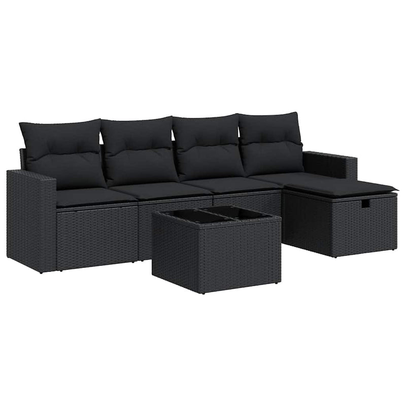 Set mobilier de grădină cu perne, 6 piese, negru, poliratan