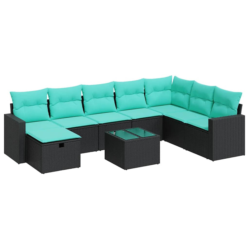 Set mobilier de grădină cu perne, 9 piese, negru, poliratan