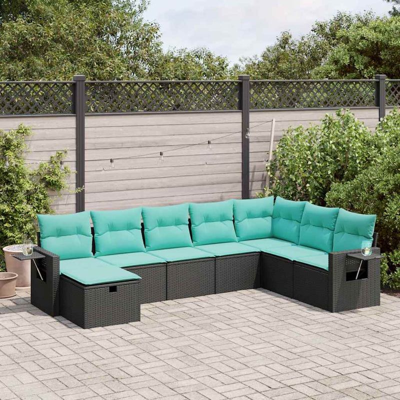 Set mobilier de grădină cu perne, 8 piese, negru, poliratan