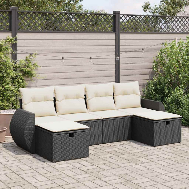 Set mobilier de grădină cu perne, 6 piese, negru, poliratan