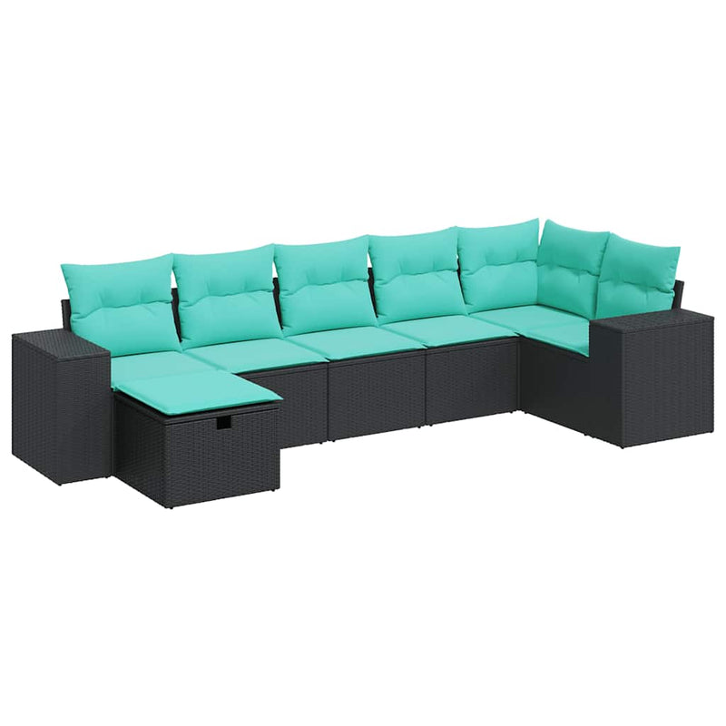 Set canapele de grădină cu perne, 7 piese, negru, poliratan