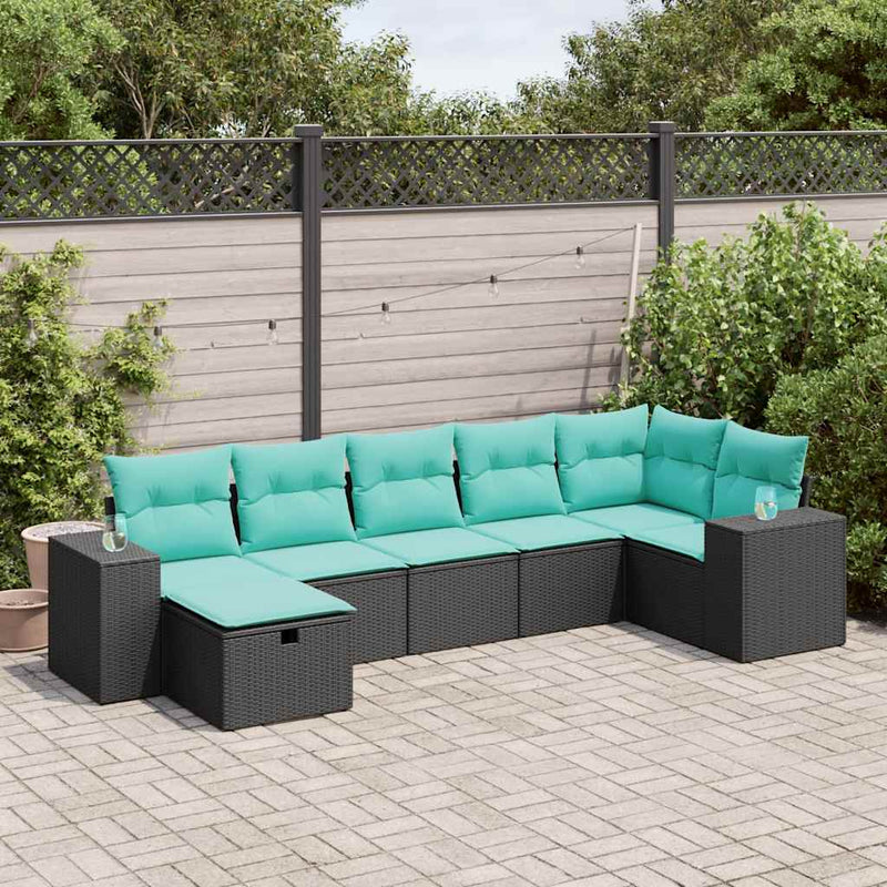 Set canapele de grădină cu perne, 7 piese, negru, poliratan