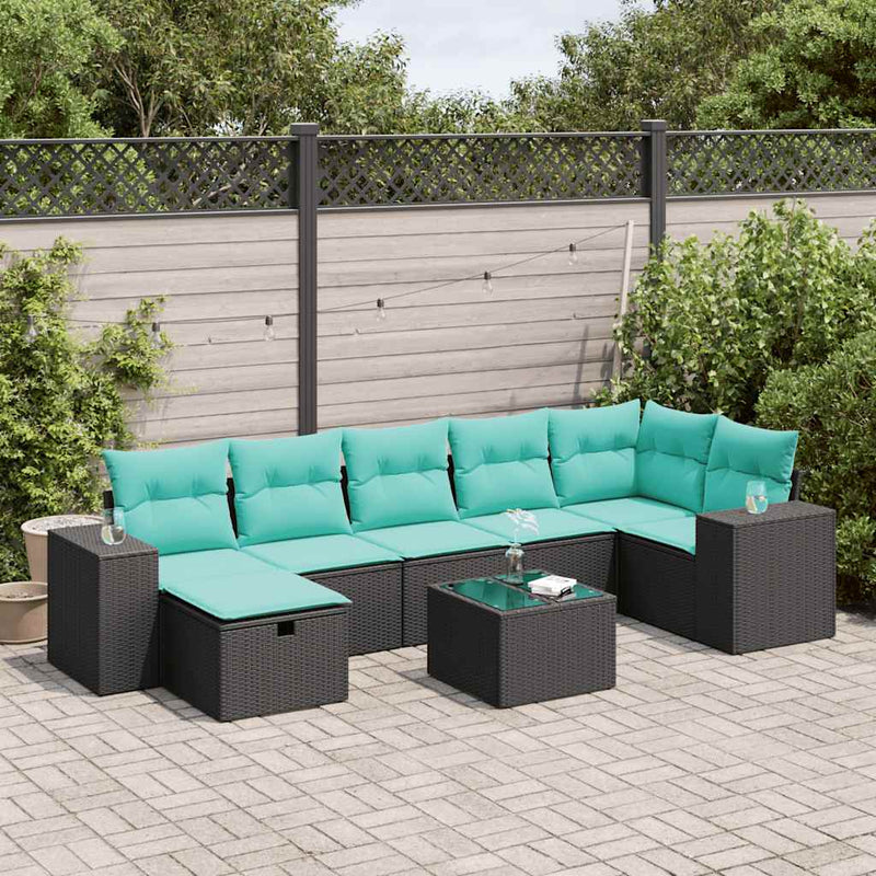 Set mobilier de grădină cu perne, 8 piese, negru, poliratan