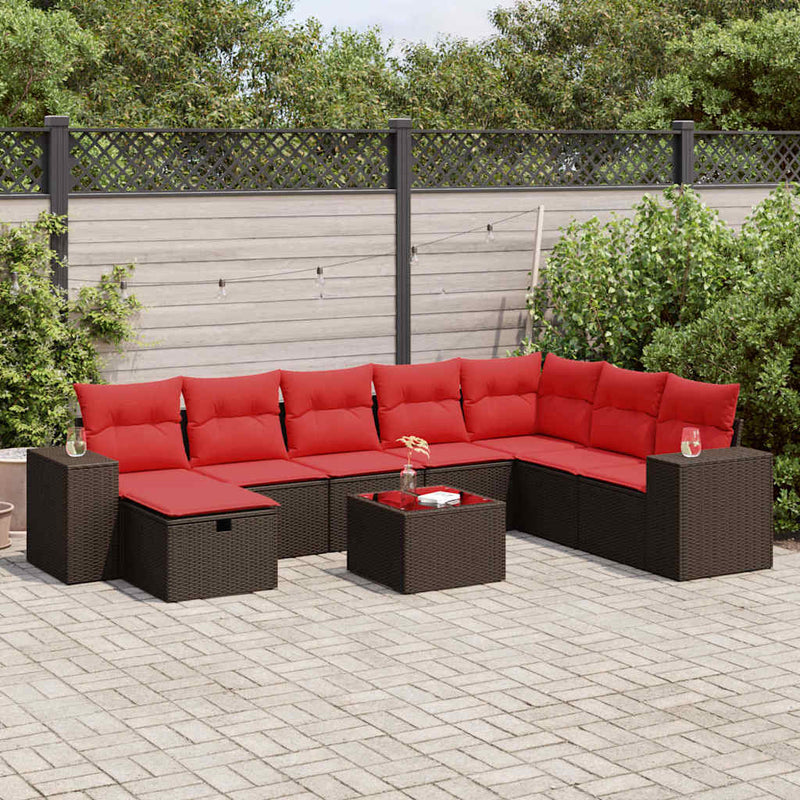 Set canapele de grădină cu perne, 9 piese, maro, poliratan