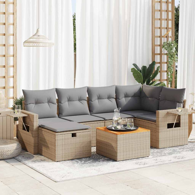Set canapele de grădină, 7 piese, cu perne, bej, poliratan