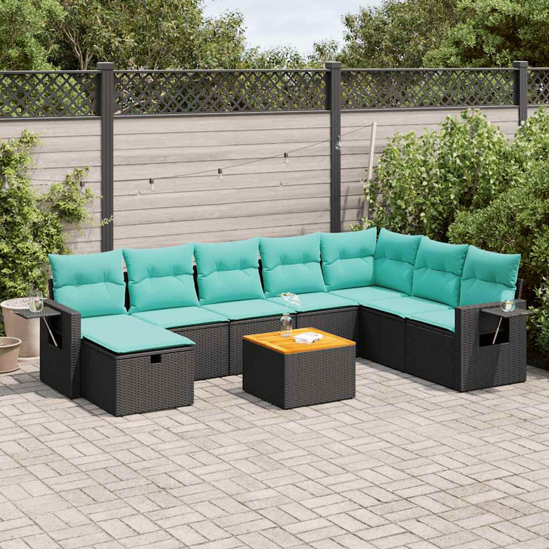 Set mobilier de grădină cu perne, 9 piese, negru, poliratan