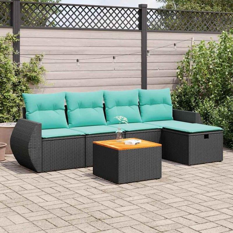 Set mobilier de grădină cu perne, 6 piese, negru, poliratan