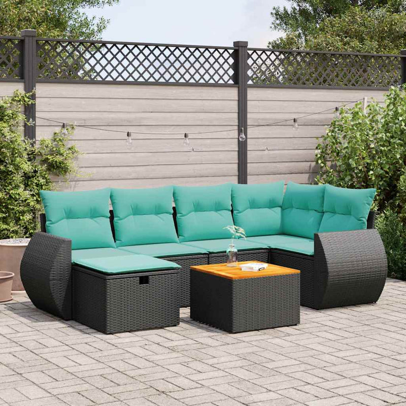 Set canapele de grădină cu perne, 7 piese, negru, poliratan