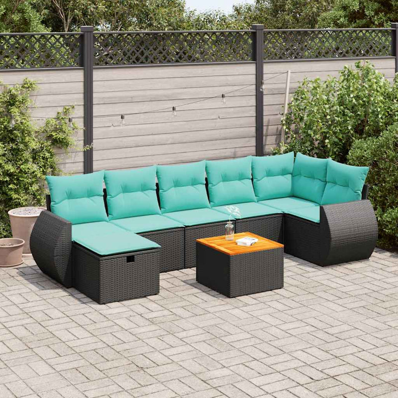 Set mobilier de grădină cu perne, 8 piese, negru, poliratan