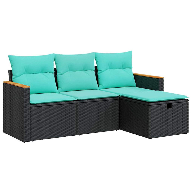 Set mobilier de grădină cu perne, 4 piese, negru, poliratan