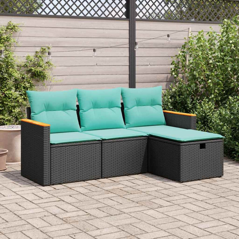 Set mobilier de grădină cu perne, 4 piese, negru, poliratan