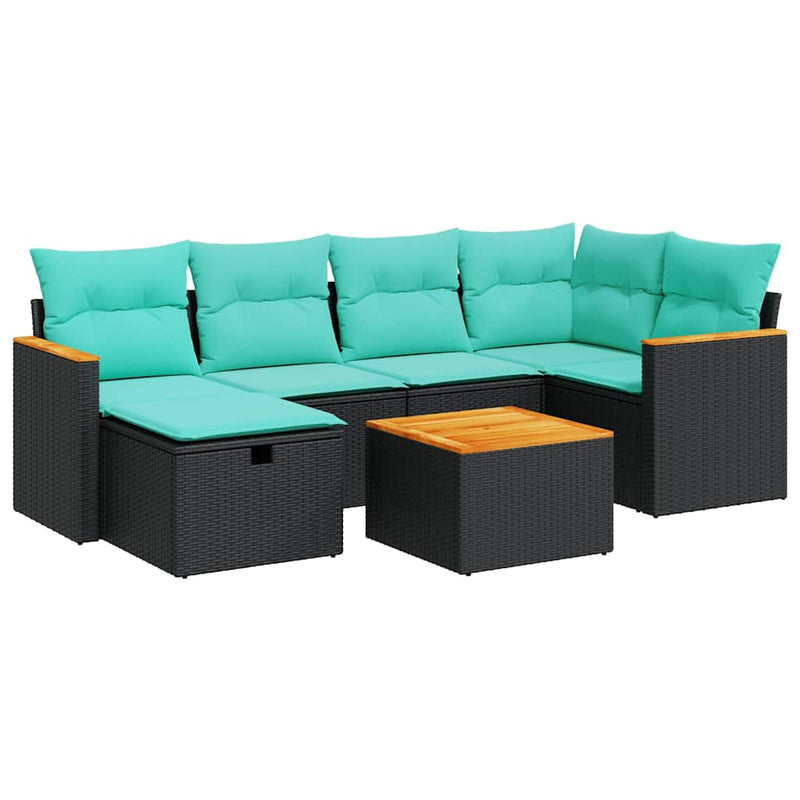 Set canapele de grădină cu perne, 7 piese, negru, poliratan