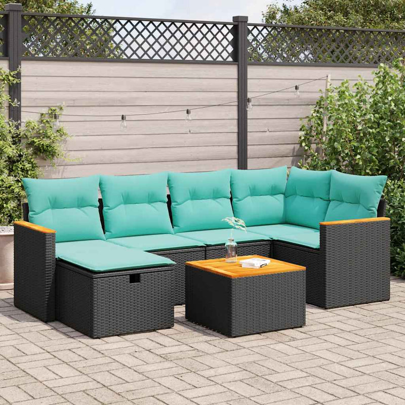 Set canapele de grădină cu perne, 7 piese, negru, poliratan