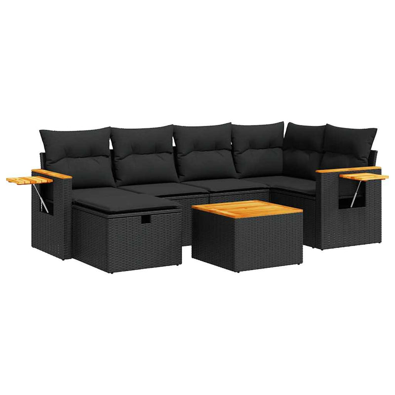 Set canapele de grădină cu perne, 7 piese, negru, poliratan