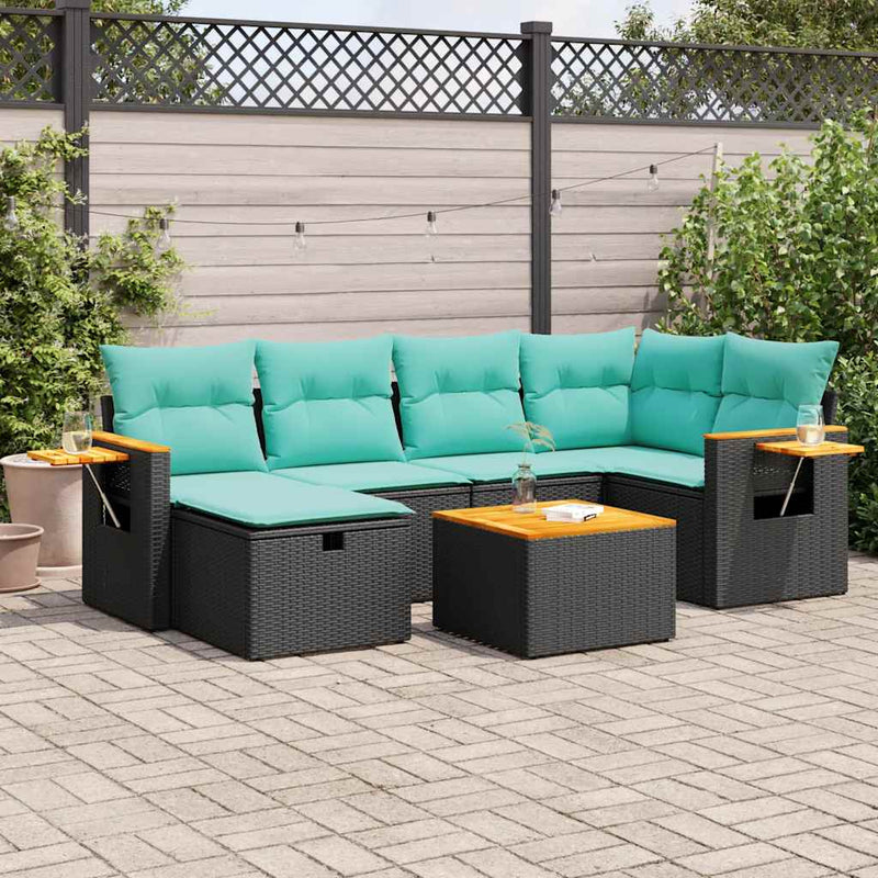 Set canapele de grădină cu perne, 7 piese, negru, poliratan