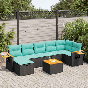Set mobilier de grădină cu perne, 8 piese, negru, poliratan