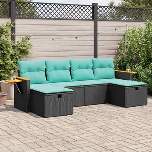 Set mobilier de grădină cu perne, 6 piese, negru, poliratan