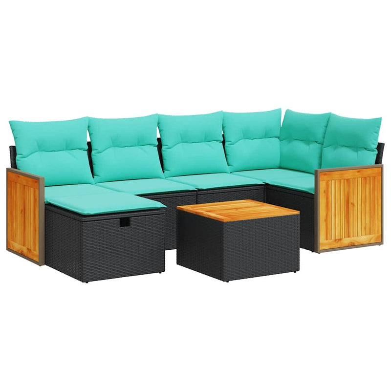 Set canapele de grădină cu perne, 7 piese, negru, poliratan