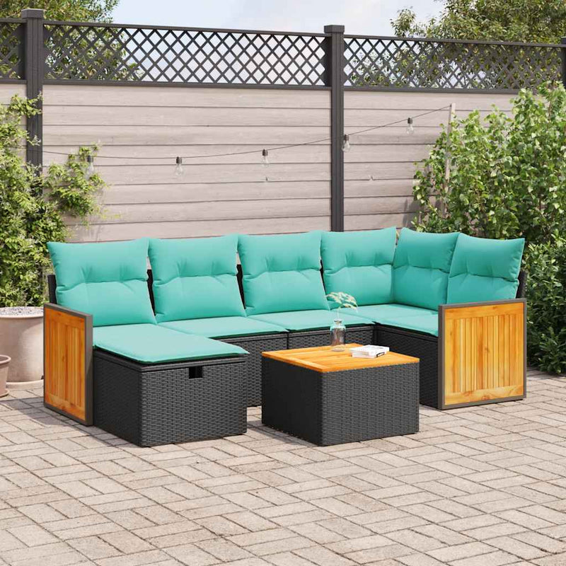 Set canapele de grădină cu perne, 7 piese, negru, poliratan