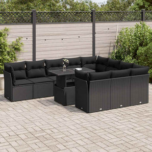 Set canapele de grădină cu perne, 11 piese, negru, poliratan