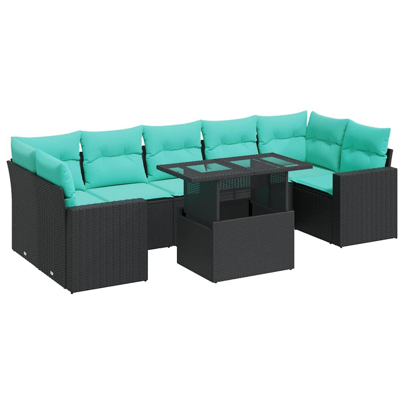 Set mobilier grădină perne 8 piese negru, poliratan/lemn acacia