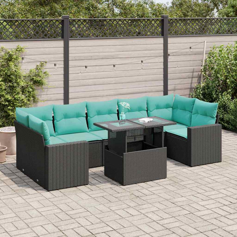 Set mobilier grădină perne 8 piese negru, poliratan/lemn acacia