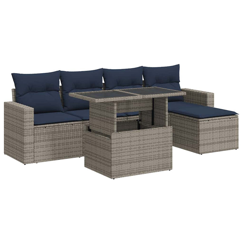 Set mobilier grădină cu perne 6 piese gri poliratan/lemn acacia