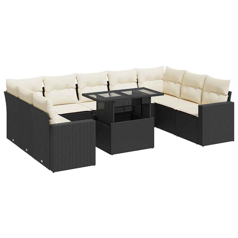 Set canapele de grădină cu perne, 10 piese, negru, poliratan