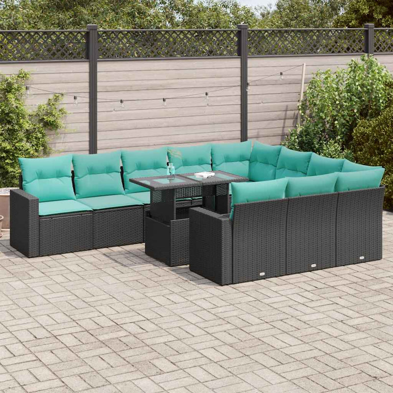 Set canapele de grădină cu perne, 11 piese, negru, poliratan