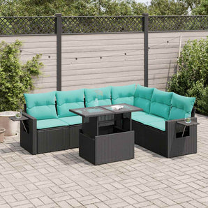 Set canapele de grădină cu perne, 7 piese, negru, poliratan