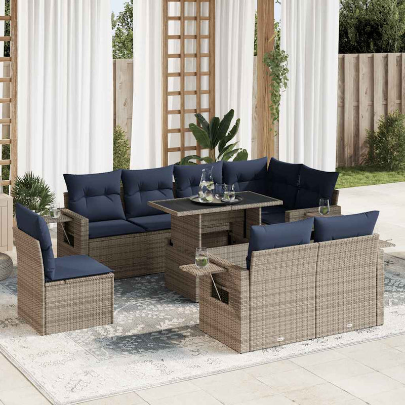 Set canapele de grădină cu perne, 9 piese, gri, poliratan