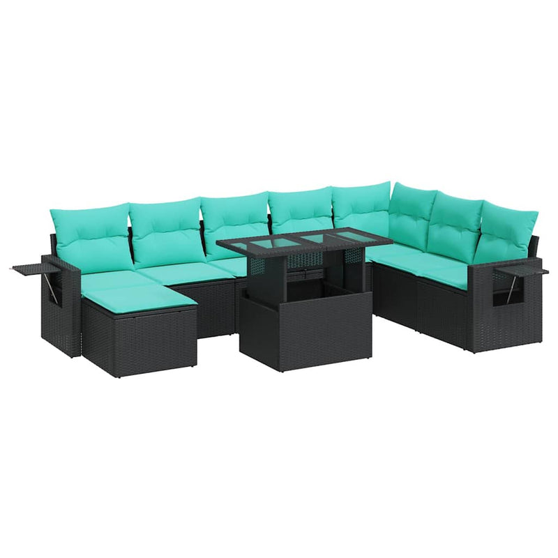 Set mobilier grădină perne 9 piese negru poliratan/lemn acacia