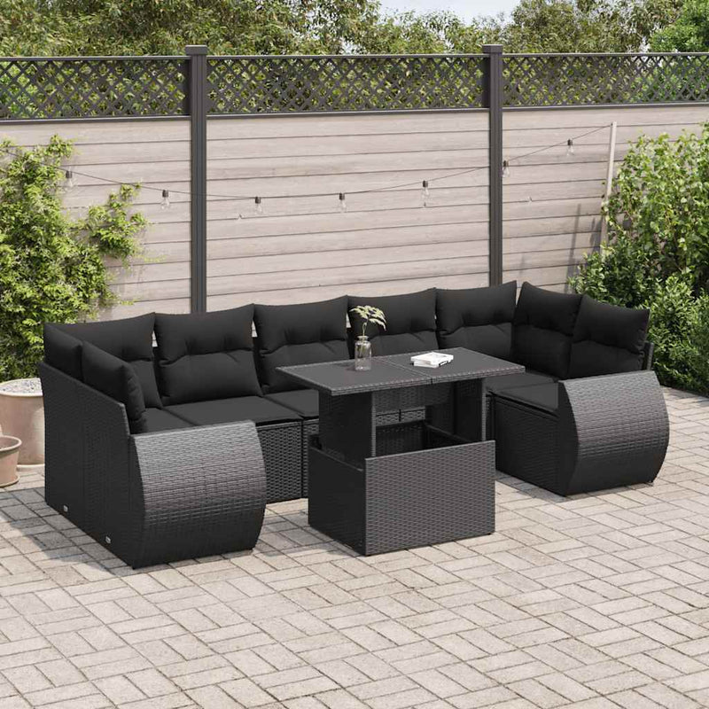 Set mobilier de grădină cu perne, 8 piese, negru, poliratan