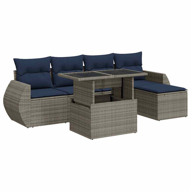 Set mobilier grădină cu perne 6 piese gri poliratan/lemn acacia