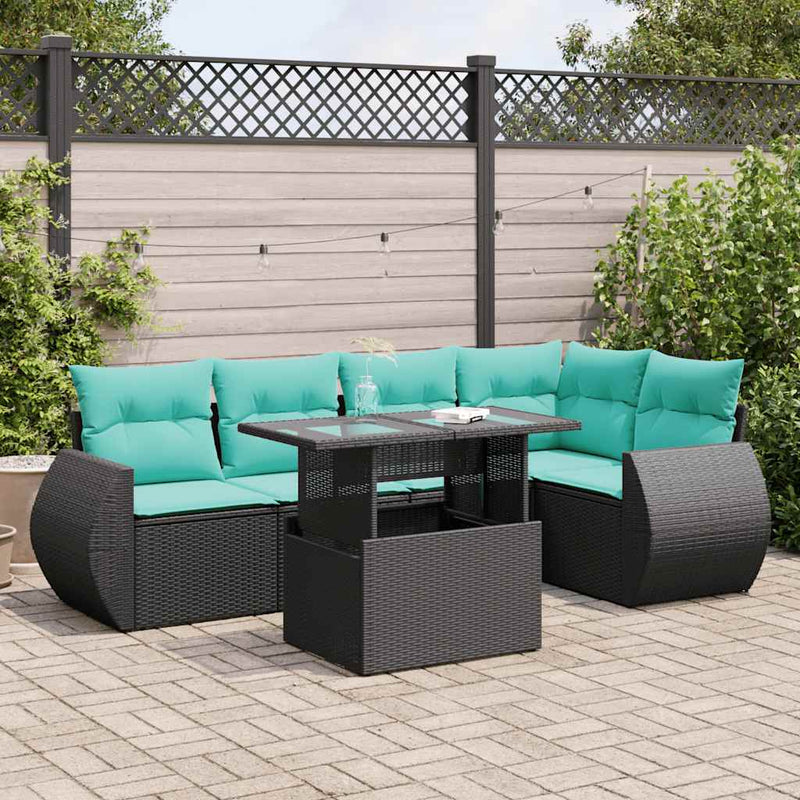 Set mobilier grădină perne 6 piese negru poliratan/lemn acacia