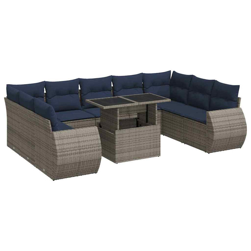 Set mobilier de grădină cu perne, 10 piese, gri, poliratan