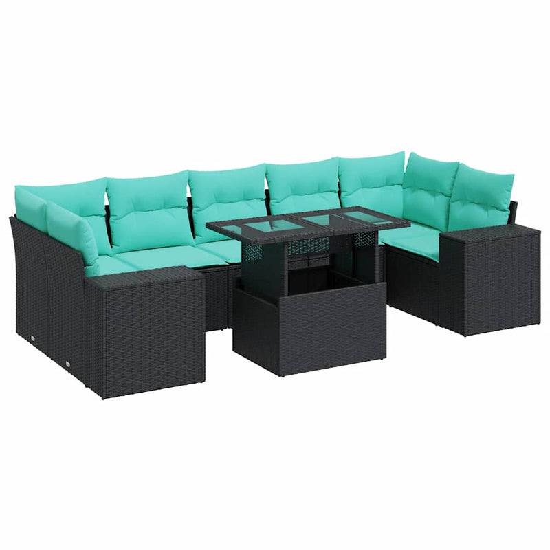 Set mobilier grădină perne 8 piese negru, poliratan/lemn acacia